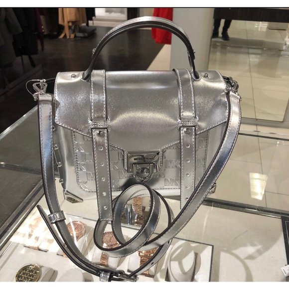 Michael Kors Manhattan Satchel Purse Medium Leather MK Signature Silver - Picture 2 of 8